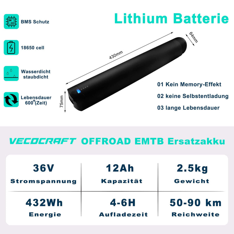Batterie/Akku für VECOCRAFT EBIKE OFF ROAD 36V 10.4Ah (374.4WH) / 36V 12Ah (432WH)