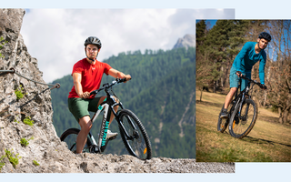 Mann fährt beste E-Bikes in Deutschland in bergiger Landschaft und sonnigem Gelände