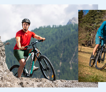 Mann fährt beste E-Bikes in Deutschland in bergiger Landschaft und sonnigem Gelände