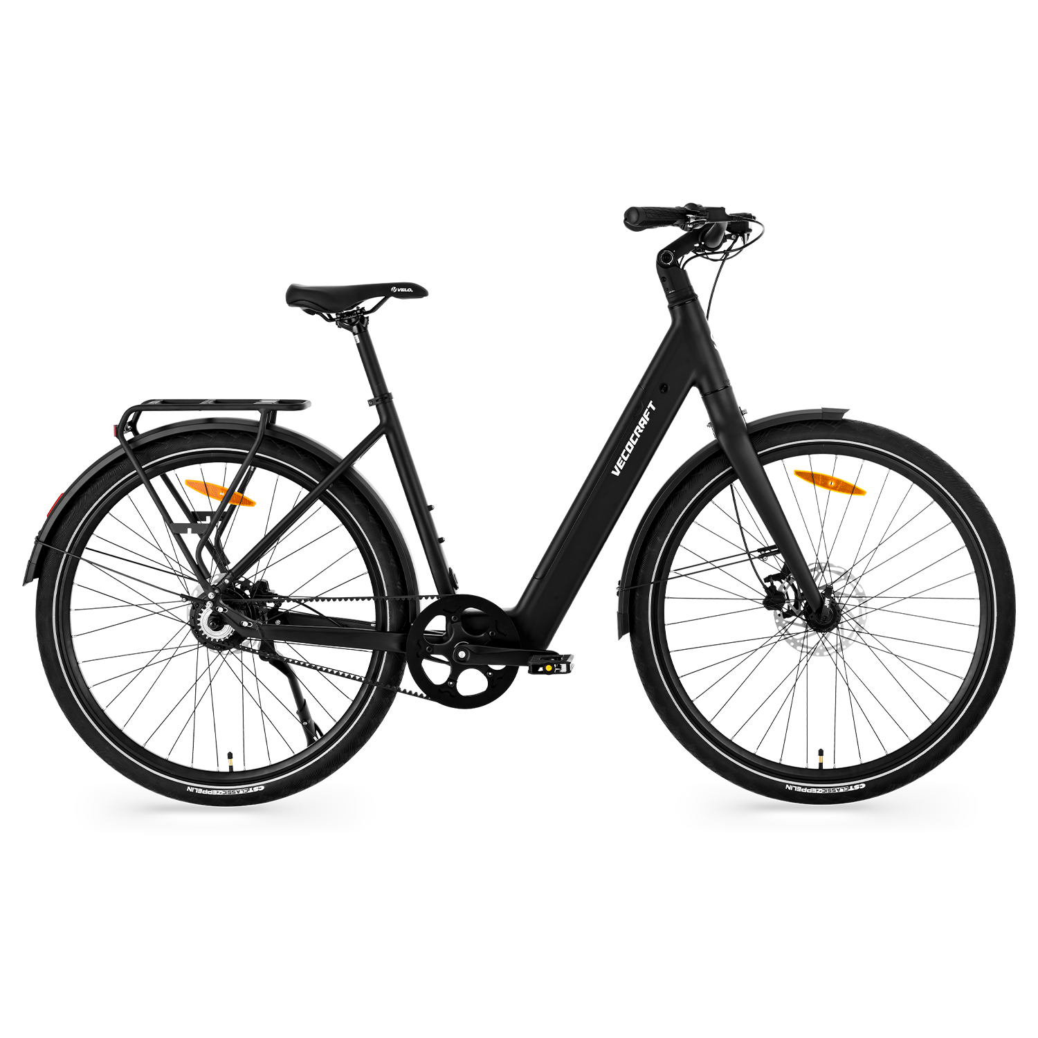 City E-Bike Schwarz Vecocraft LUNA 1.0 mit nahtlosem Rahmen und versteckten Kabeln