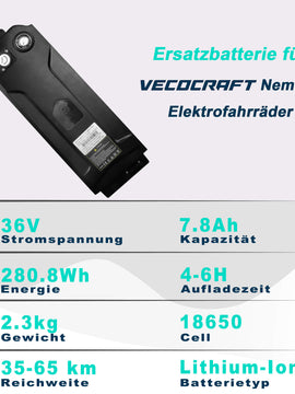 Batterie/Akku für VECOCRAFT EBIKENEMESIS 36V 7.8Ah (280.8WH)/ 36V 10.4Ah (374.4WH)/ 36V 13Ah(468WH)